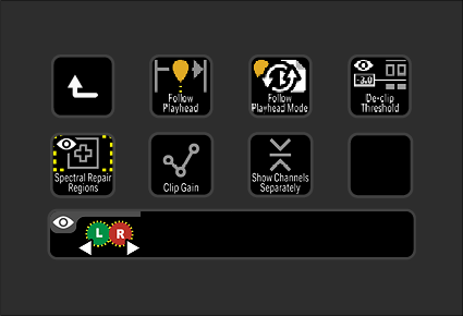 Camera menu screen showing options for follow, playhead, follow playhead mode, de-glitch threshold, spectral repair regions, clip gain, show channels separately, and view mode with left and right audio channel controls.