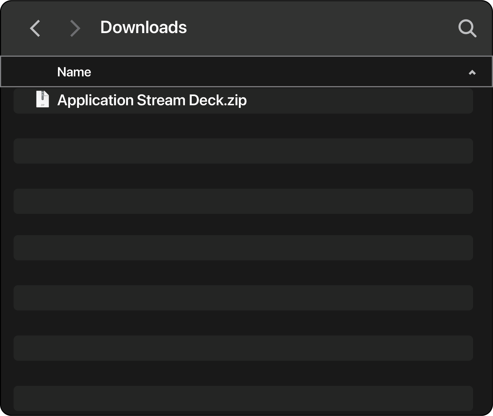 Screenshot of a mobile device's downloads folder displaying one file named 'Application Stream Deck.zip'.