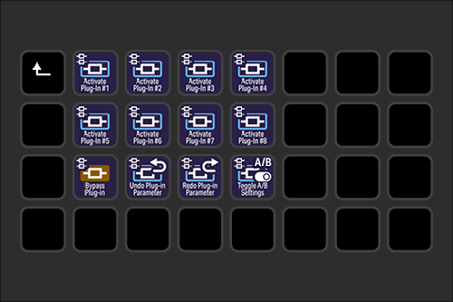 A digital interface with multiple blue and black icons related to plugin activation and settings, including options for bypass, undo, redo, and A/B testing, arranged in a grid.
