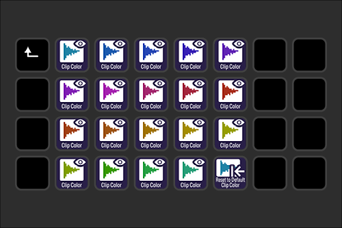 A video editing software timeline with multiple color clip markers, including blue, purple, pink, red, brown, green, and a reset to default clip color button.