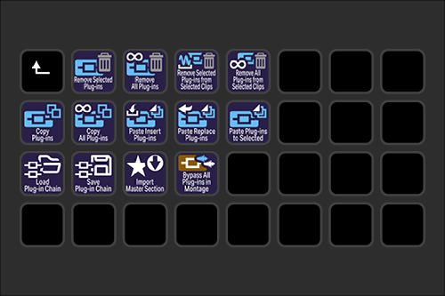 A grid of icons representing various settings and options for managing plugins and audio configurations, such as removing, copying, pasting, loading, saving, importing, and bypassing plugins, along with a section for master section and plugin chain.
