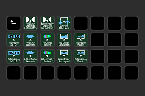 A grid of digital display icons showing various display modes and effects, including top display, bottom display, rainbow, waveform, spectralogram, and synchronization with other view.
