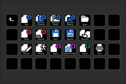 Screenshot of a computer software interface with icons for creating, opening, saving, exporting, importing, printing, and managing files.