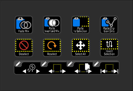 Screenshot of a photo editing software toolbar showing various selection and editing tools, including options like Paste Mix, Paste Invert and Mix, Paste to Selection, Gain Only, Deselect, Reselect, Select All, Invert Selection, and move and zoom con
