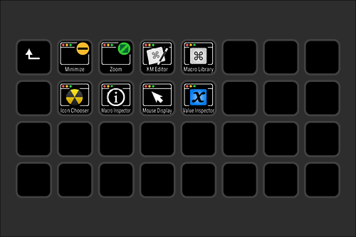 Screen displaying a grid of software icons including Minimize, Zoom, KM Editor, Macro Library, Icon Chooser, Macro Inspector, Mouse Display, and Value Inspector.