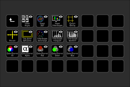 Grid of video editing icons and color channel buttons, including tools like histogram, vector scope, and color channels for red, green, and blue.