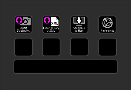 Screenshot of a software interface with four icons labeled Export Screenshot, Export History as XML, Send Back to Host, and Preferences, with three empty boxes below and a blank space underneath.