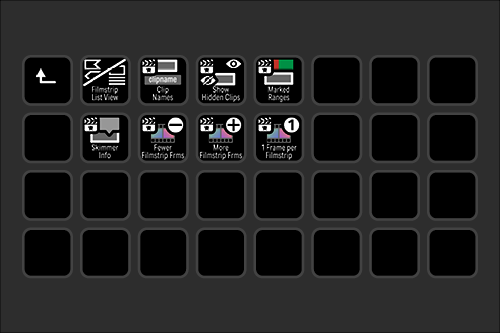 Camera video editing interface with icons for filmstrip list view, clip names, show moose clips, mark ranges, power filmstrip frames, more options, and frame options.
