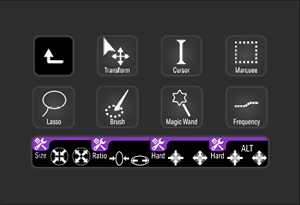 Screenshot of a photo editing software toolbar with icons for various tools, including lasso, transform, brush, and other editing options, and a section showing different preset shapes with size, ratio, hardness, and other settings.