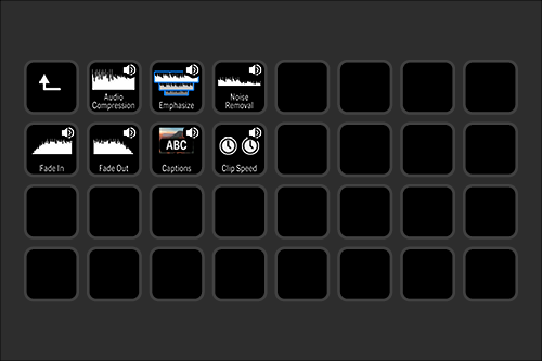 Screenshot of video editing software interface with icons for upload, audio compression, fade-in, fade-out, captions, clip speed, and other editing tools.