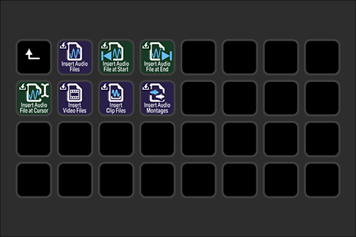 Screen recording or editing software interface with icons for inserting audio files, video files, clips, and montages, along with navigation controls.