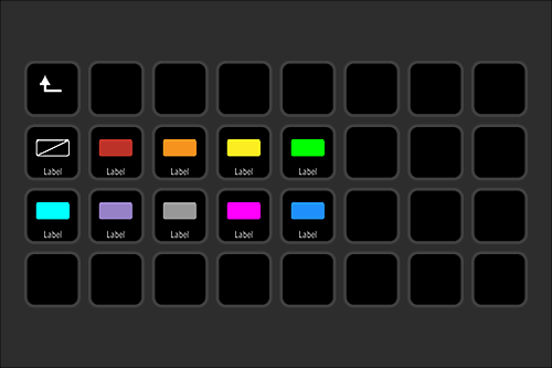 Digital drum pad with various colored buttons labeled as 'Label' in a grid pattern.