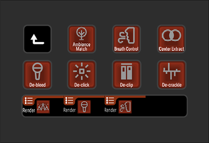 A digital interface with icons for various controls: ambiance match, breath control, canter extract, de-bleed, de-click, de-clip, and de-crackle, along with three render buttons.