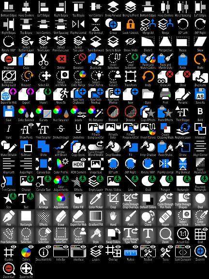 A comprehensive collection of graphic design and photo editing software icons displayed in several rows and columns, representing various tools and functions like selection, drawing, editing, color adjustments, effects, layers, transformations, and more.