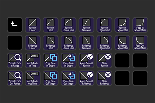 Screenshot of a toolbar with various icons for fade effects, including linear, sinus, square root, and exponential fade options, as well as copy, paste, zoom, and clear functions.