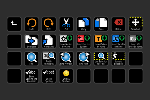 Computer software toolbar with icons for undo, redo, cut, copy, paste, delete, select all, duplicate, make alias, inset action by name, insert function by name, insert token by name, insert variable by name, insert ICU, find, find in all macros, find