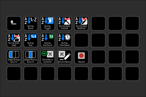 Screenshot of a computer's macro or functions menu with icons labeled for sorting, formatting, and recording, arranged in a grid on a dark background.