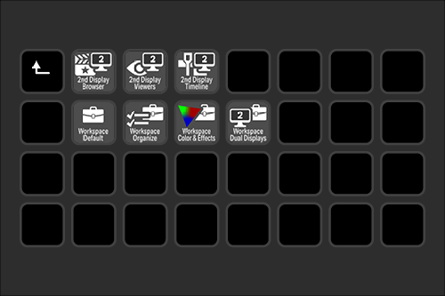 Computer screen showing a grid of application icons, including file download, second display browser, viewer, timeline, workspace default, organize, color & effects, dual displays, and a colorful workspace icon.