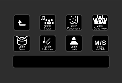Grid of icons representing different music and sound effects options, including Unmix Chorus, Unmix Components, Unmix Crowd Noise, Unmix Drums, Unmix Instrument, Unmix Levels, and M/S Mid/Side, with a black bar at the bottom.