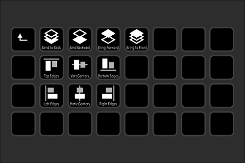 Grid of editing tools with icons for aligning and layering objects, such as send to back, bring forward, top edges, bottom edges, vertical centers, horizontal centers, left edges, right edges, and empty slots.