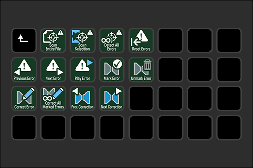 Screen with navigation icons for scanning, error detection, resetting errors, and navigation commands in green and white, organized in a grid.