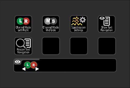 Screenshot of a user interface with icons for Channel Mode Left/Right, Channel Mode Mid/Side, Spectrogram Settings, Show Text Navigation, Rescan Text Navigation, and a control bar with eye, L, R, and left/right arrows.