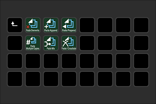 Screenshot of a software interface with icons for paste functions, including Paste Overwrite, Paste Append, Paste Prepend, Paste Multiple Copies, Paste Mix, and Paste Crossfade.