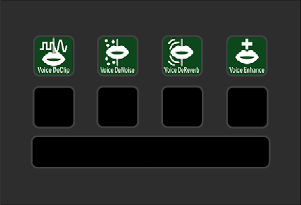 Four audio effect icons labeled Voice DeClip, Voice DeNoise, Voice DeReverb, and Voice Enhance, with three blank icons and one large blank space below.