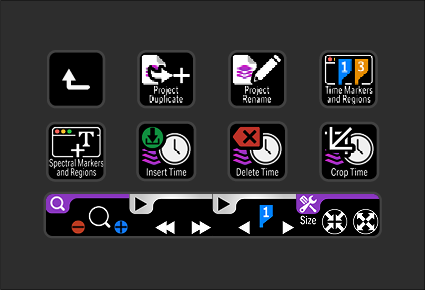 A screenshot of a video editing software toolbar showing various icons for project duplication, renaming, time markers, inserting and deleting time, cropping, and playback controls like play, pause, rewind, fast forward, and zoom options.