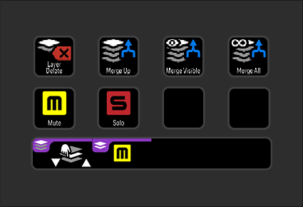 Screenshot of music production software interface with various icons for layer delete, merge up, merge visible, merge all, mute, solo, and others, along with a waveform display in the lower section.