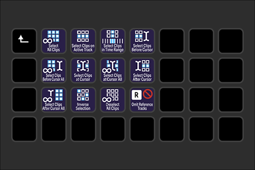 Screenshot of a video editing software interface showing various clip selection and editing options, including selecting all clips, active track, in-time range, before or after cursor, at cursor, in reverse, and deselecting all clips, with some optio