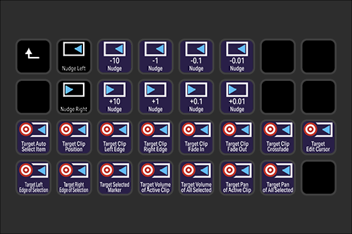 A digital interface with multiple editing tools, including nudging options, target selection, clip placement, and pointer controls.