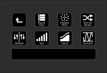 A digital audio software interface showing eight control icons, including options for module chain, ambiance match, channels remixer, EQ match, gain, imprint, normalize, and a blank or empty section.