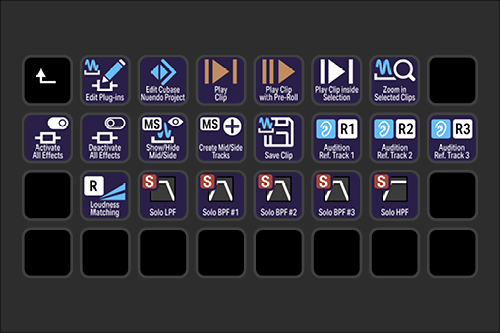 Screenshot of a digital audio workstation with various editing and playback tools labeled, including clip editing, play controls, solo and mute options, and track management.