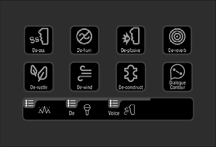 A digital interface displaying audio effects and controls, including de-ess, de-verb, de-hum, de-clip, de-reverb, de-rustle, de-wind, de-construct, and dialogue contour, with additional controls for waveform, de, voice, and settings.
