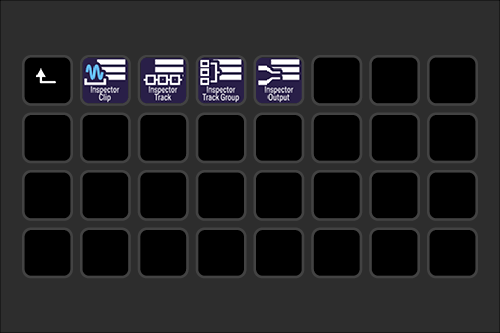 Digital audio workstation interface with four labeled inspector modules and empty grid slots for additional controls or clips.