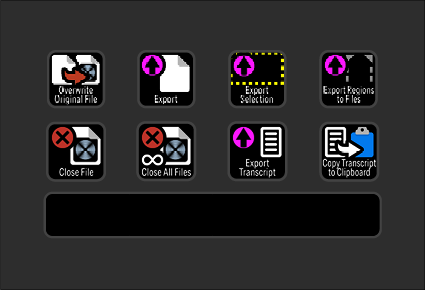 Screenshot of a software interface with icons labeled Export, Export Selection, Export Regions to Files, Close File, Close All Files, Export Transcript, Copy Transcript to Clipboard.