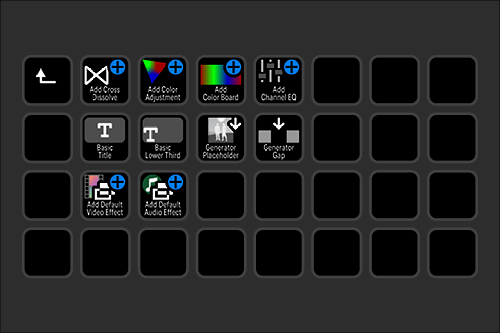 Screenshot of video editing software interface with various tools such as add cross dissolve, color adjustment, color board, channel EQ, text, generator placeholder, generator gap, default video effect, and default audio effect, in black grid cells.