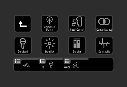 A digital control panel with icons for various functions, including lift, ambiance match, breath control, canter extract, de-bleed, de-click, de-crackle, and a menu with de, voice, and other options.