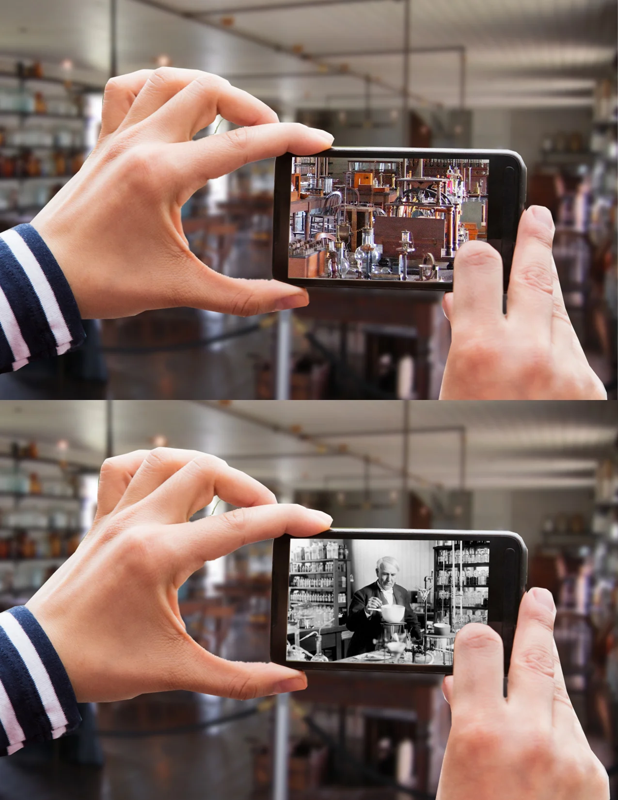   At Edison’s Menlo Park   you can hold your smart phone up in his lab and then&nbsp;  suddenly see Thomas Edison, in a still photo, hard at   work in that very spot. We could also hear Edison&nbsp; comment on his creations through archival audio.   