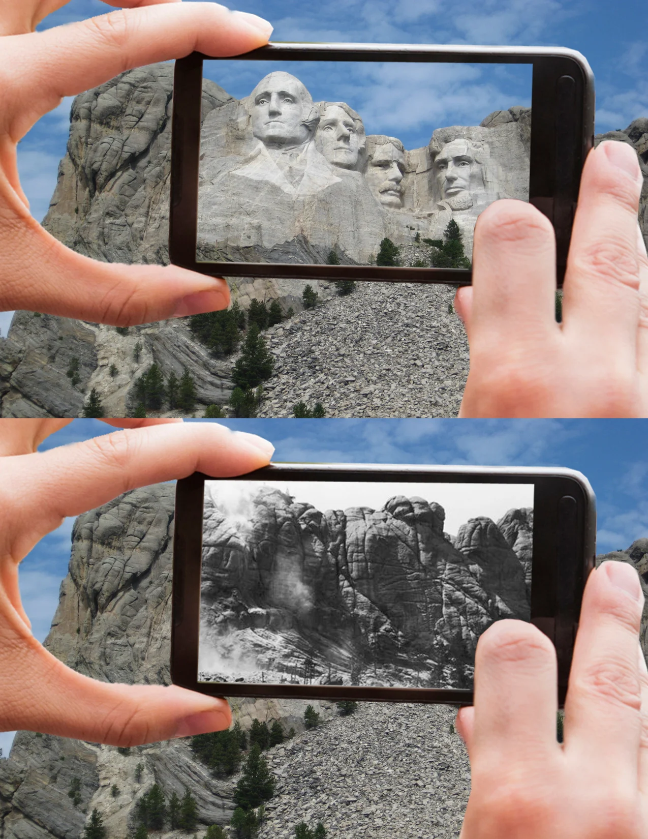  At Mount Rushmore, the user can hold up their phone or tablet to the mountain and see what it looked like before it was carved. An explosion would happen, revealing the famous faces. This content can also be shared on various social media platforms 