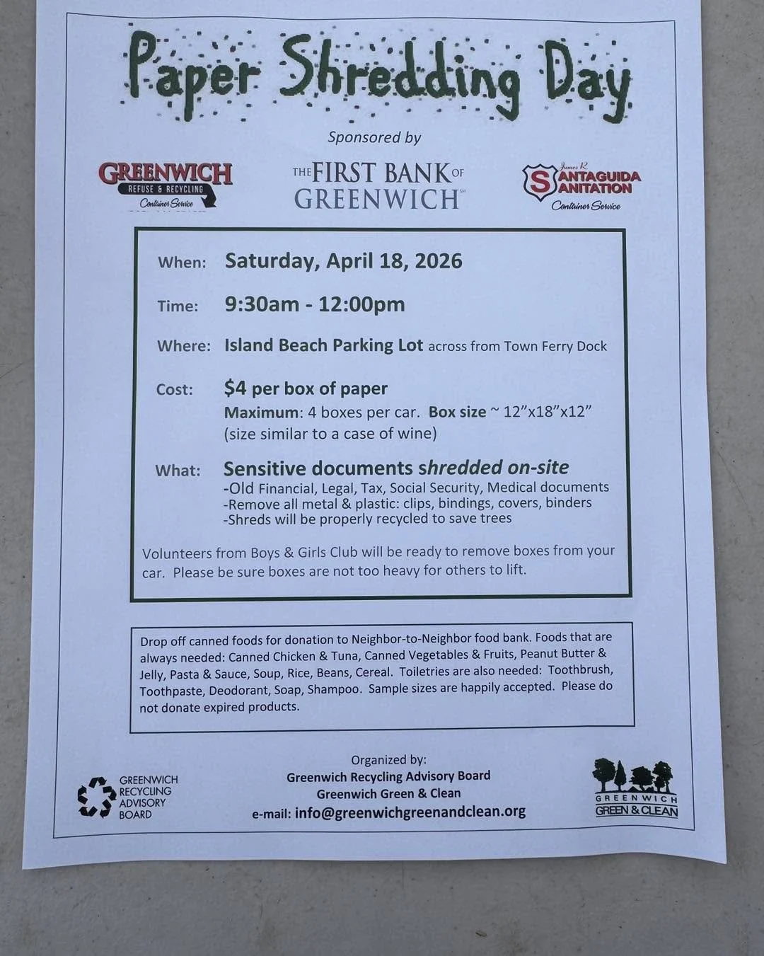 Save the date Greenwich Residents for Greenwich Green and Clean&rsquo;s paper shredding day