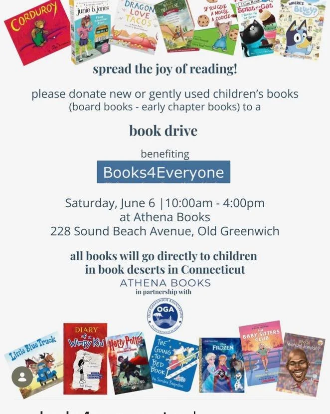 We are delighted that Athena Books and the Old Greenwich Association will be hosting a book drive again this year on Saturday June 6th.  Stop by from 10-2pm and check it out! athenabooksog Athena Books Old Greenwich Association