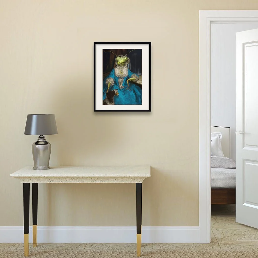 Larger paper print framed on wall - Mantis Antionette