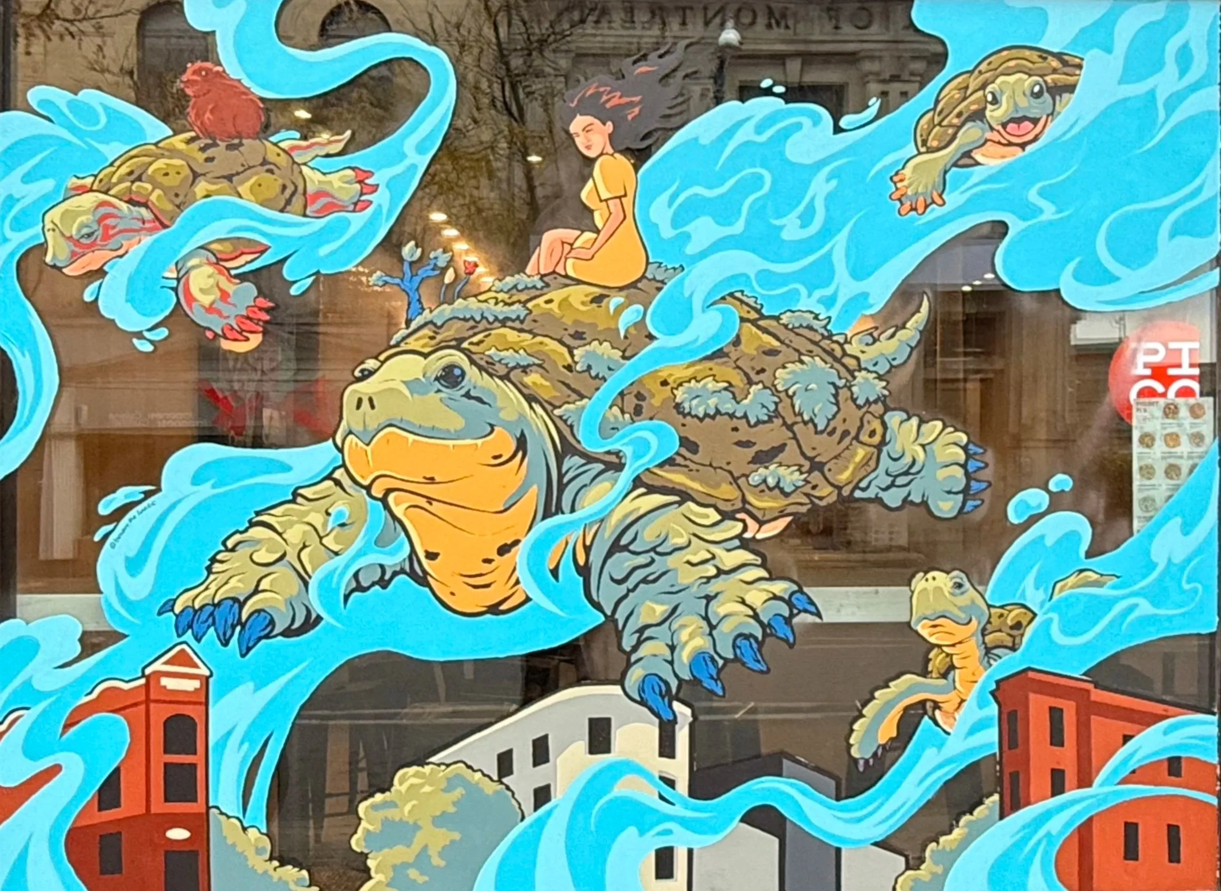 Colorful artwork depicting giant turtles with flowing water and small girls sitting on the turtles' backs, set against a cityscape background.