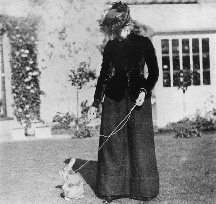 Beatrix Potter with her pet rabbit Benjamin Bouncer, taken in the 1890s.