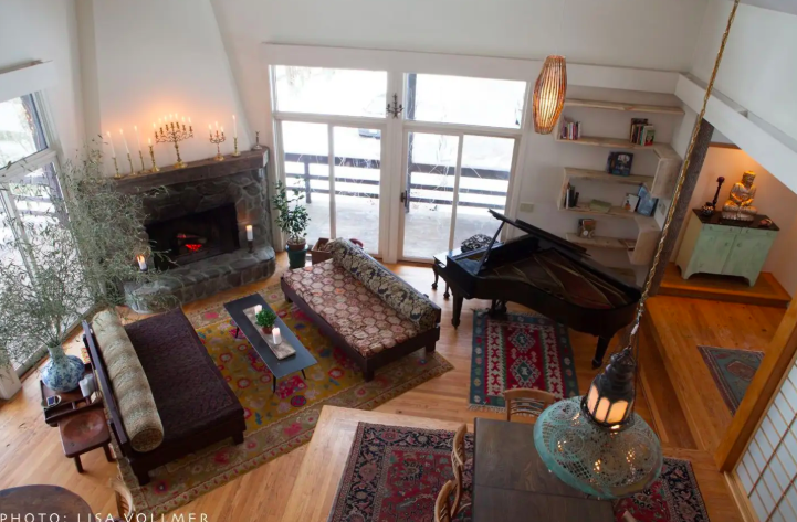 A look down from the second floor into the shared, communal space