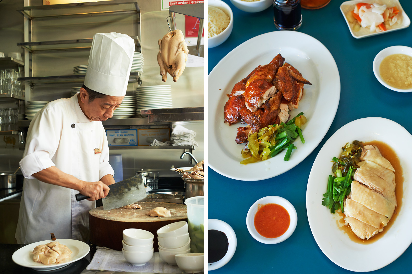 Ng Ah Kwee preparing a plate of Chicken Rice at the Boon Tong Kee Restaurant