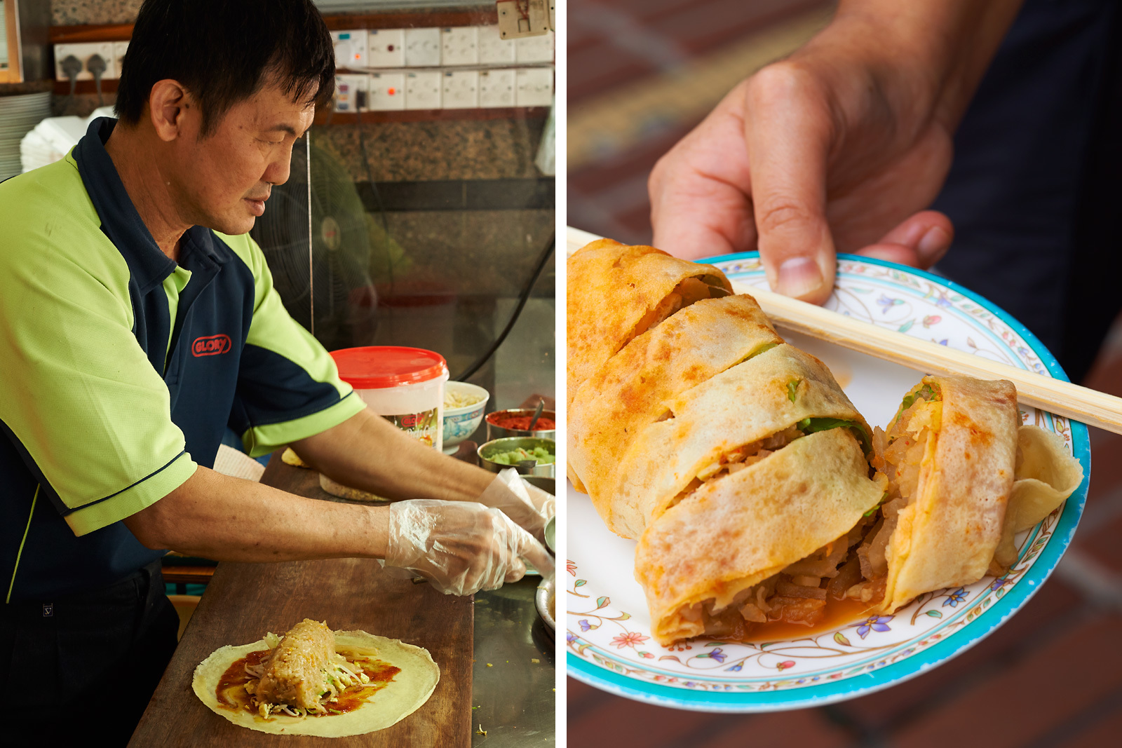 Popiah a fresh roll made of thin wheat flour crepe stuffed with shrimp, turnip, jicama , cabbage and herbs.