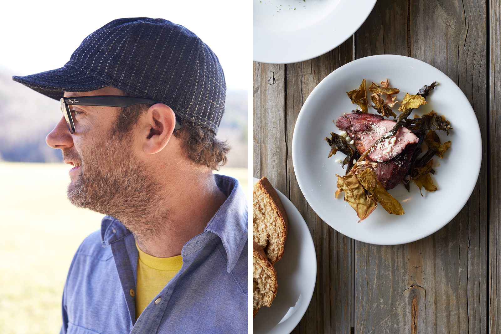 Chef Elliott Moss and his dish Smoked & Cured Pork Tenderloin with Apples, Smoked Cheese, Buxton Sauerkraut, Leather Britches & Pickled Ramps